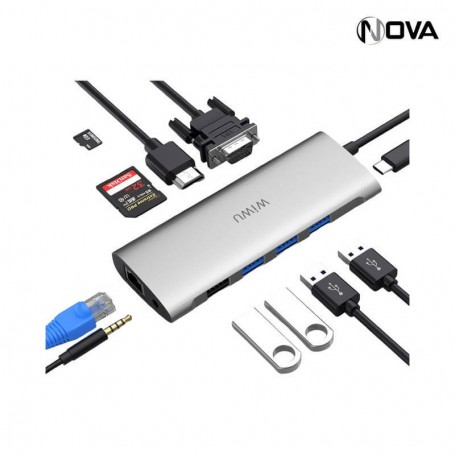 Adaptateur Wiwu 11 en 1 avec USB C RJ45 HDMI VGA 4USB ALPHA