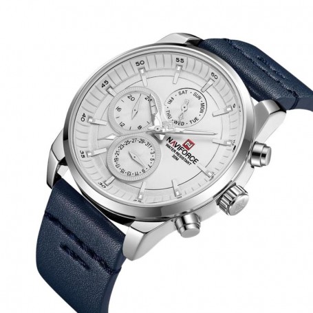Montre à Quartz analogique Homme - Bracelet Cuir - Bleu Blanc - NF9148