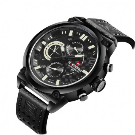 Montre Quartz Multifonction Homme - Bracelet en Cuir Noir - NF9068L