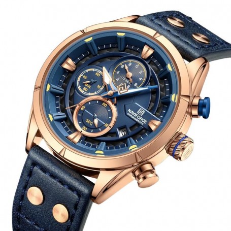 Montre homme - cuir véritable  - sportive vintage - NF8045 - Bleu