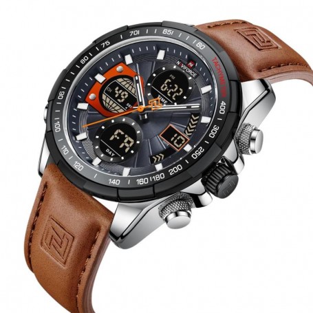 Montre en cuir - Quartz analogique - LCD numérique - NF9197L - Marron