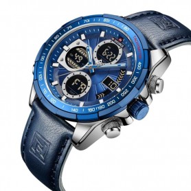Montre en cuir - Quartz analogique - LCD numérique - NF9197L - bleu