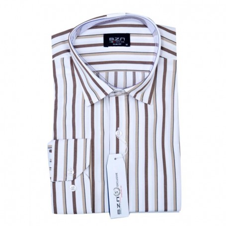 Chemise homme slim fit à rayures marron et blanches – Élégance – CHM1037