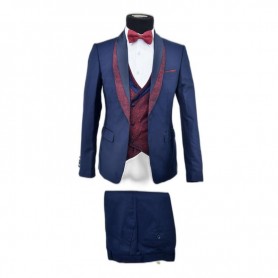 Costume bleu 3 pièces avec accents bordeaux - CTM447
