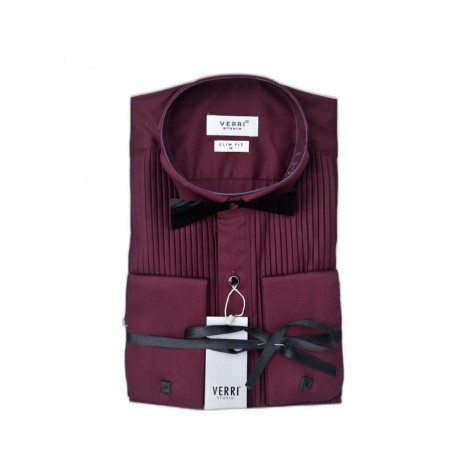 Chemise bordeaux plissée avec col pour noeud papillon – CHM1138