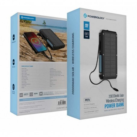 Powerology Power Bank Solaire 20000mAh Charge Sans Fil 20W – PP076 Noir