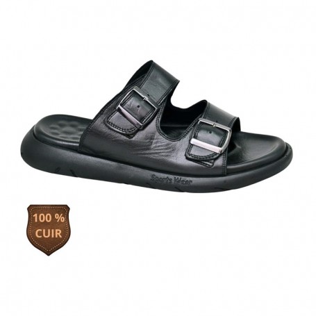 Sandale orthopédique noire en cuir à boucles – SDL3286