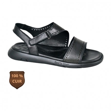Sandale orthopédique noire en cuir perforé avec bride – SDL3290